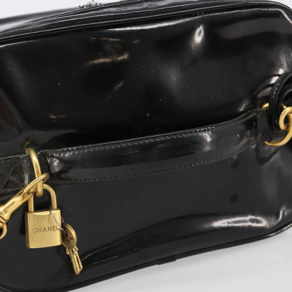 CHANEL Vanity Hand Bag Patent leather 2way Black Gold CC Auth MY059