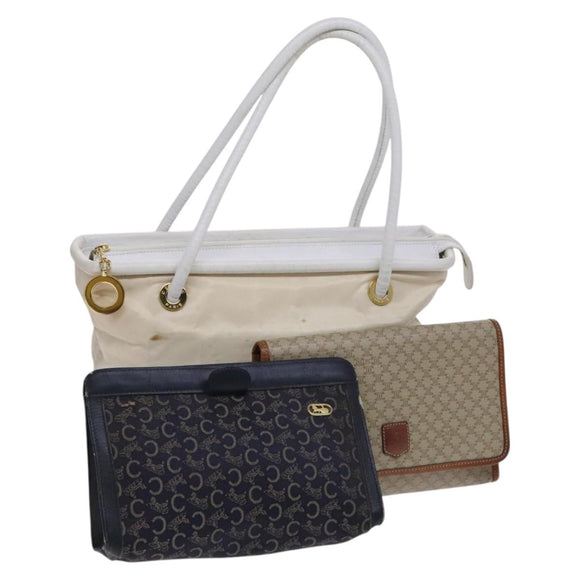 CELINE Macadam Canvas C Sulky Shoulder Bag 3Set Beige Navy Auth MY087