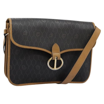 Christian Dior Honeycomb Canvas Shoulder Bag PVC Leather Black Gold Auth MY112