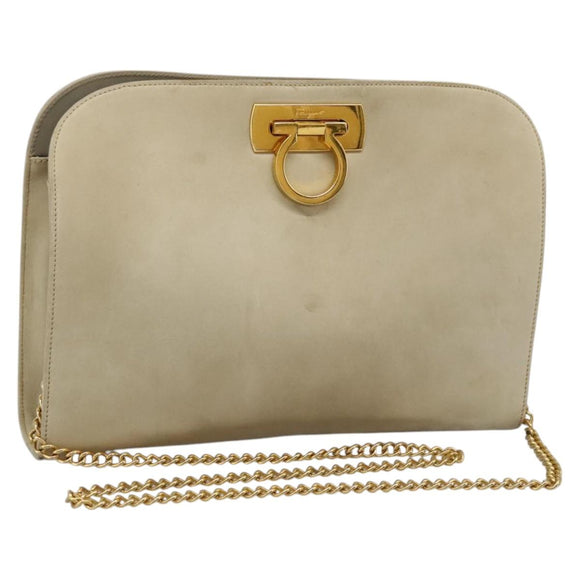 Salvatore Ferragamo Gancini Chain Shoulder Bag Suede Beige Gold Auth MY113
