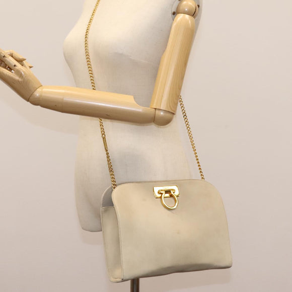 Salvatore Ferragamo Gancini Chain Shoulder Bag Suede Beige Gold Auth MY113