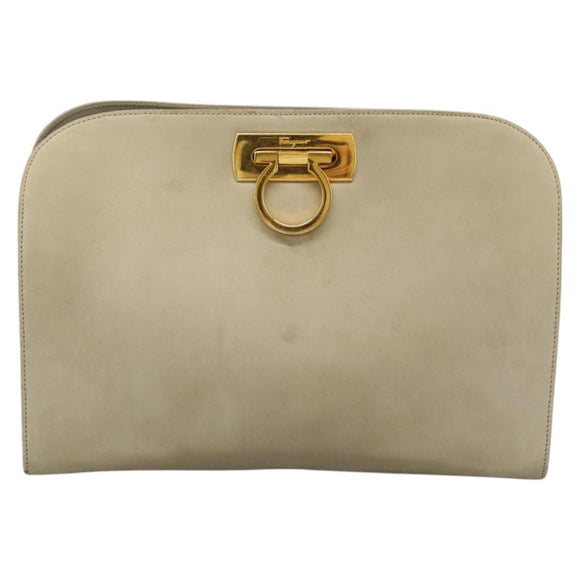 Salvatore Ferragamo Gancini Chain Shoulder Bag Suede Beige Gold Auth MY113