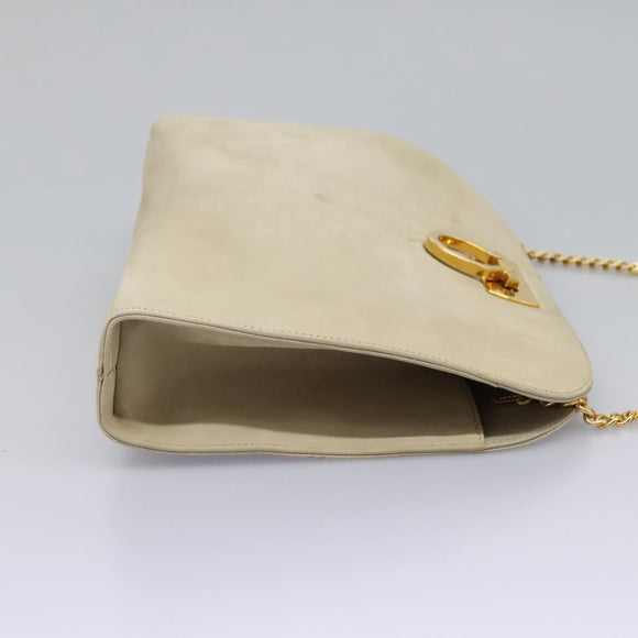 Salvatore Ferragamo Gancini Chain Shoulder Bag Suede Beige Gold Auth MY113