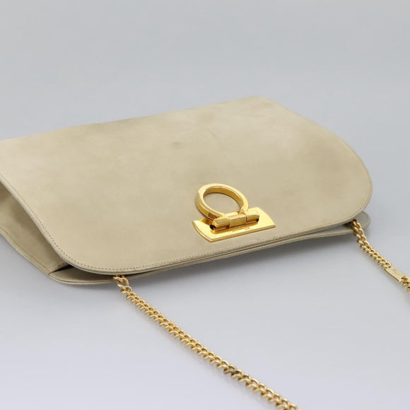 Salvatore Ferragamo Gancini Chain Shoulder Bag Suede Beige Gold Auth MY113