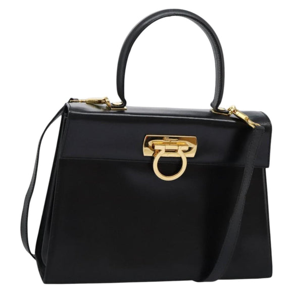 Salvatore Ferragamo Gancini Hand Bag Leather 2way Black Gold Auth MY114