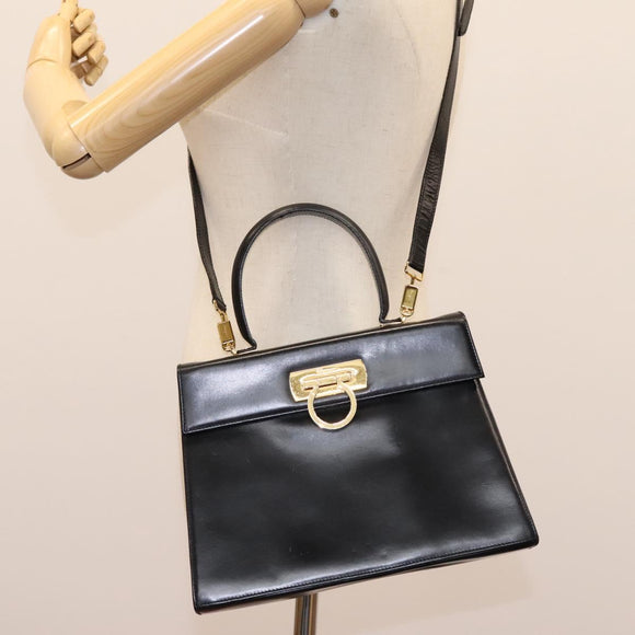 Salvatore Ferragamo Gancini Hand Bag Leather 2way Black Gold Auth MY114