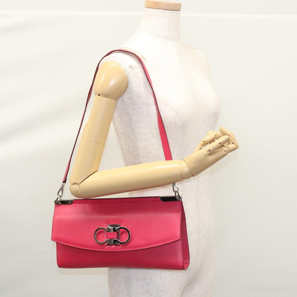 Salvatore Ferragamo Gancini Shoulder Bag Safiano leather Pink Silver Auth MY169V