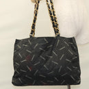 CHANEL Matelasse Chain Tote Bag Canvas Black Gold CC Auth MY229-21