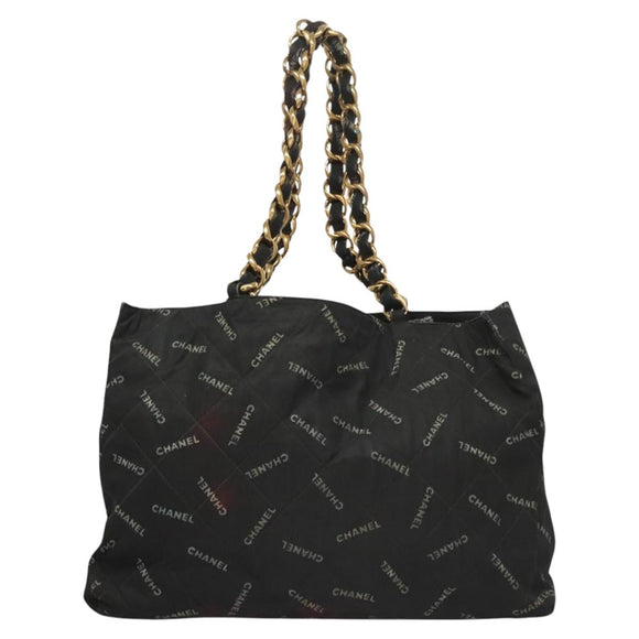 CHANEL Matelasse Chain Tote Bag Canvas Black Gold CC Auth MY229