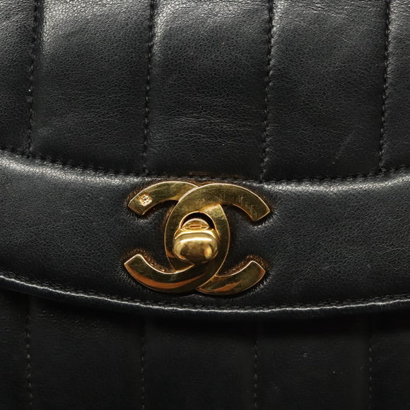 CHANEL Mademoiselle Shoulder Bag Lamb Skin Black Gold CC Auth MY236