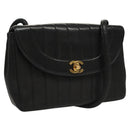 CHANEL Mademoiselle Shoulder Bag Lamb Skin Black Gold CC Auth MY236-1