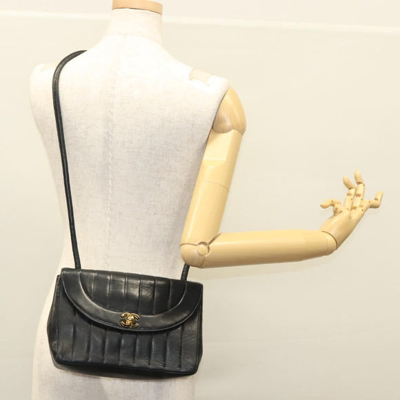 CHANEL Mademoiselle Shoulder Bag Lamb Skin Black Gold CC Auth MY236