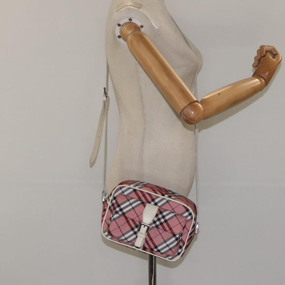 BURBERRY Nova Check Blue Label Shoulder Bag Nylon Red Silver Auth MY252