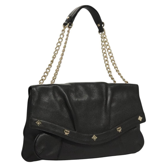 MCM Chain Shoulder Bag Leather Black Gold Auth MY306