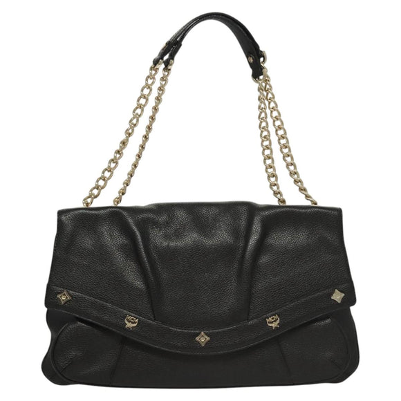 MCM Chain Shoulder Bag Leather Black Gold Auth MY306