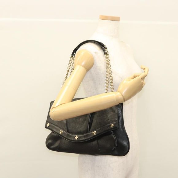 MCM Chain Shoulder Bag Leather Black Gold Auth MY306