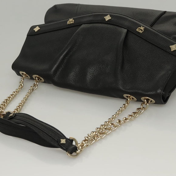 MCM Chain Shoulder Bag Leather Black Gold Auth MY306