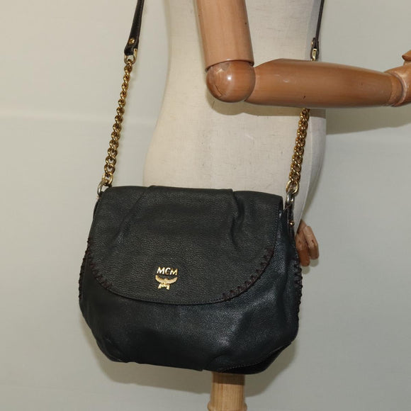 MCM Chain Shoulder Bag Leather Gray Gold Auth MY336