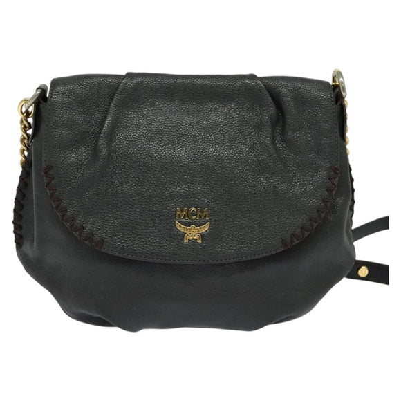MCM Chain Shoulder Bag Leather Gray Gold Auth MY336