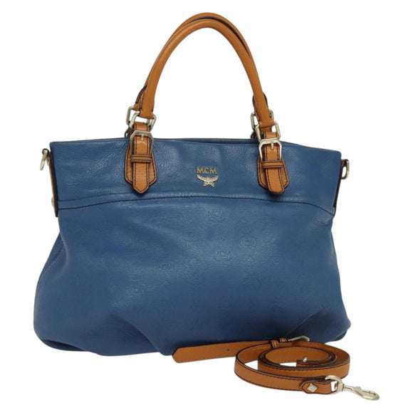 MCM Vicetos Logogram Hand Bag Leather 2way Blue Brown Auth MY353