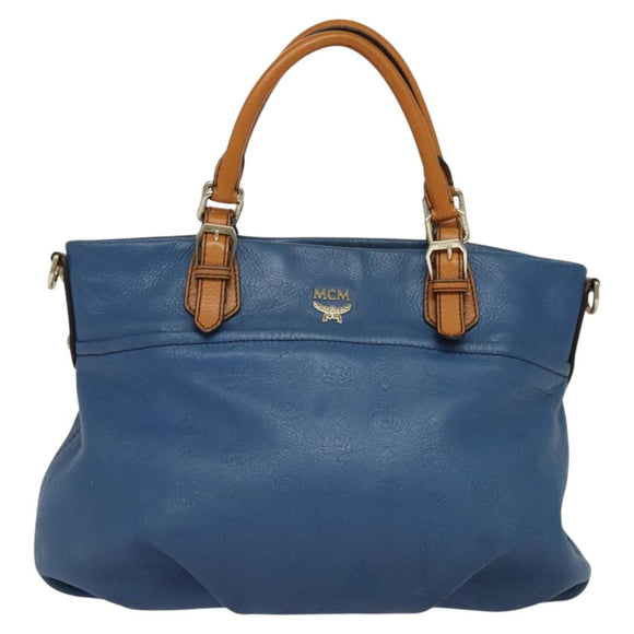 MCM Vicetos Logogram Hand Bag Leather 2way Blue Brown Auth MY353