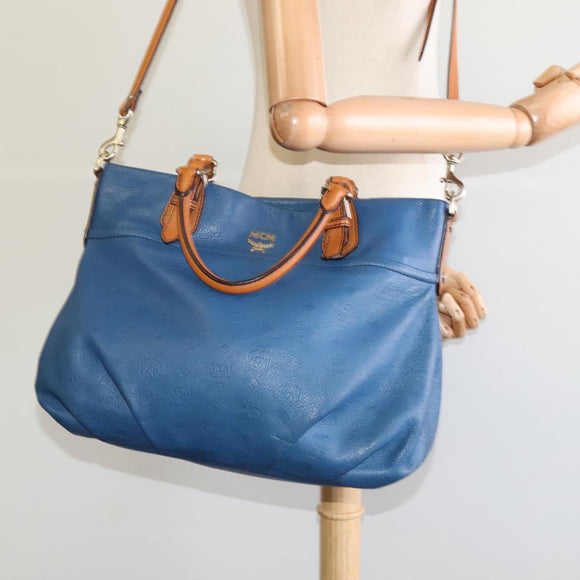 MCM Vicetos Logogram Hand Bag Leather 2way Blue Brown Auth MY353