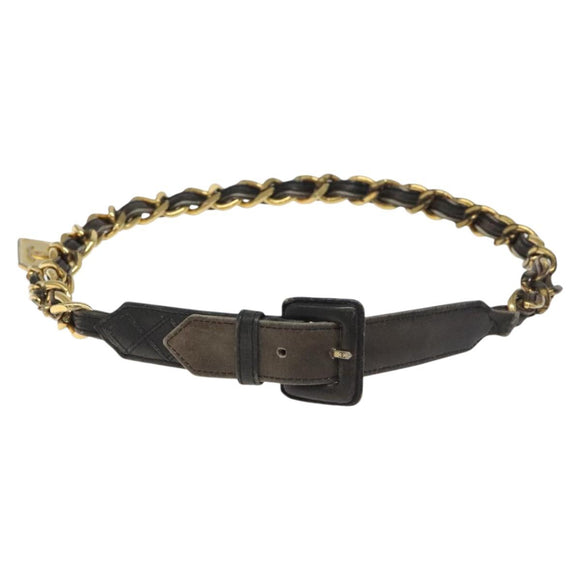 CHANEL Chain Belt metal Lamb Skin Black Gold CC Auth MY480