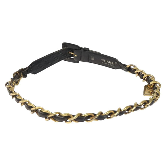 CHANEL Chain Belt metal Lamb Skin Black Gold CC Auth MY480