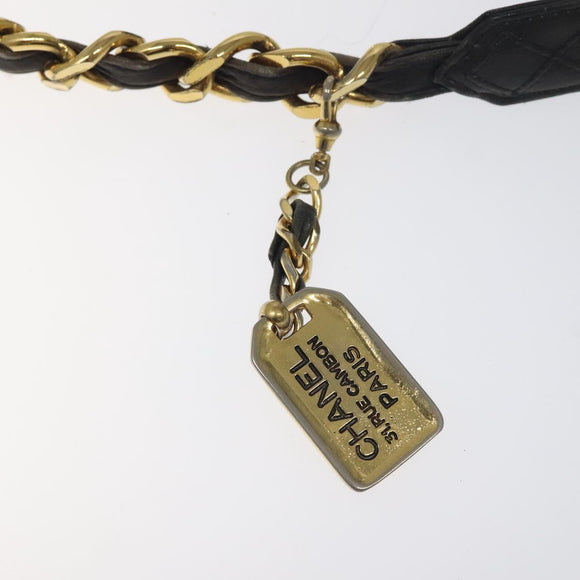 CHANEL Chain Belt metal Lamb Skin Black Gold CC Auth MY480