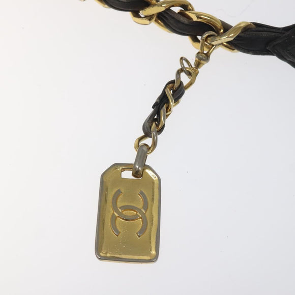 CHANEL Chain Belt metal Lamb Skin Black Gold CC Auth MY480