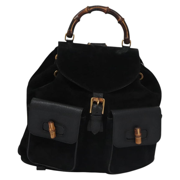 GUCCI Bamboo Backpack Suede Leather Black Gold 003 58 0016 Auth nb007