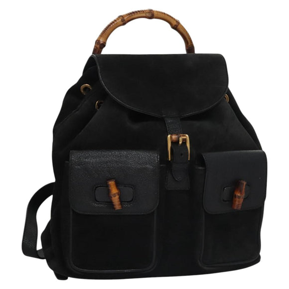 GUCCI Bamboo Backpack Suede Leather Black Gold 003 2058 0016 Auth nb010
