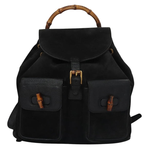 GUCCI Bamboo Backpack Suede Leather Black Gold 003 2058 0016 Auth nb010