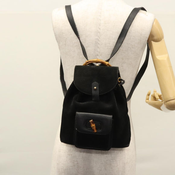 GUCCI Bamboo Backpack Suede Leather Black Gold 003 1705 0030 Auth nb031