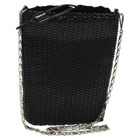 GUCCI Chain Shoulder Bag Straw Black Auth nb112