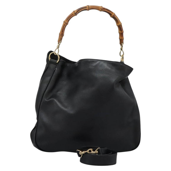 GUCCI Bamboo Hand Bag Leather 2way Black Gold 001 1014 1577 0 Auth nb190