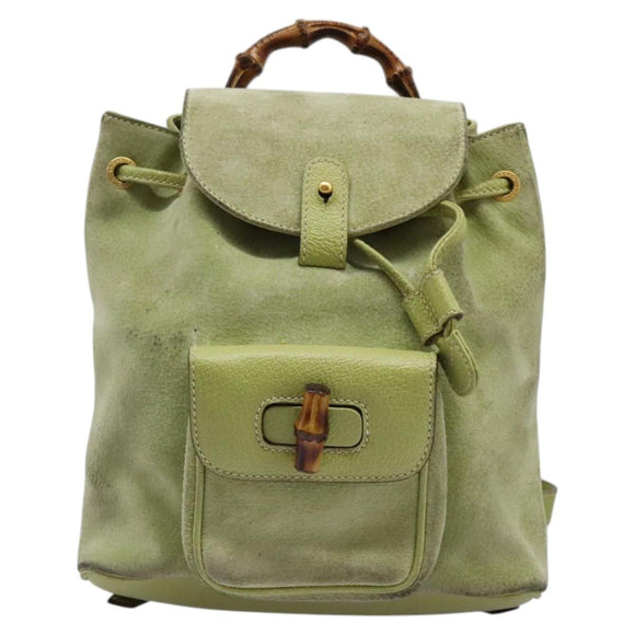GUCCI Bamboo Backpack Suede Leather Green Gold 003 1956 0030 Auth nb201