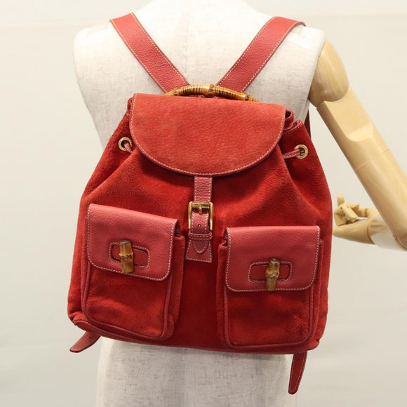 GUCCI Bamboo Rucksack Wildleder Rot Gold 003 2058 0016 Auth nb202