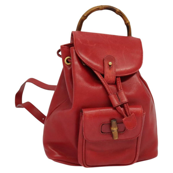 GUCCI Bamboo Backpack Leather Red Gold 003 3444 0030 Auth nb203