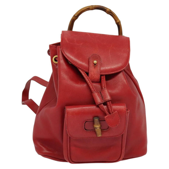 GUCCI Bamboo Backpack Leather Red Gold 003 3444 0030 Auth nb203