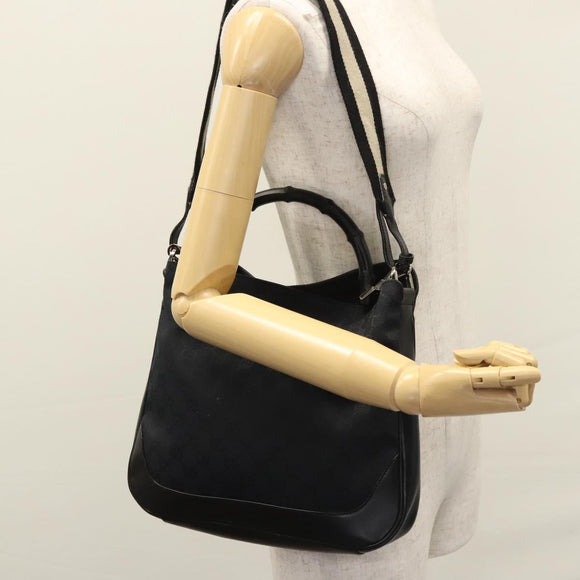 GUCCI GG Canvas Sherry Line Tote Bag Bamboo 2way Black Silver gold Auth nb227