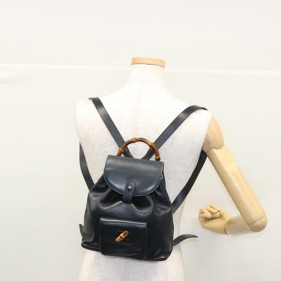 GUCCI Bamboo Backpack Leather Black Gold 003 3444 0030 Auth nb256