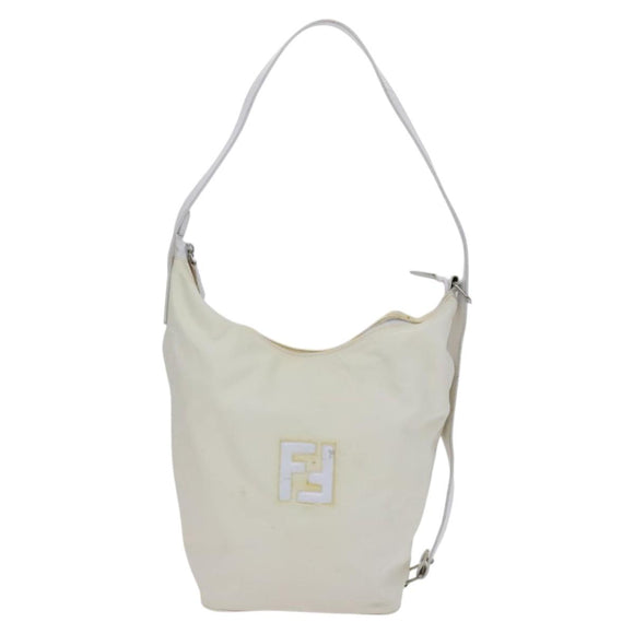 FENDI Shoulder Bag Nylon Leather Beige White Silver Auth nb296