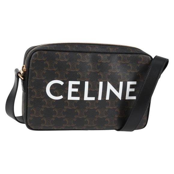 CELINE Triomphe Shoulder Bag PVC Leather Black Gold Auth nb463M