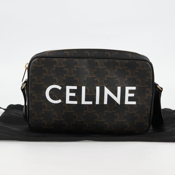 CELINE Triomphe Shoulder Bag PVC Leather Black Gold Auth nb463M