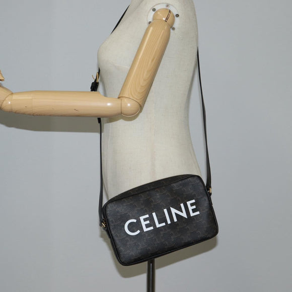 CELINE Triomphe Shoulder Bag PVC Leather Black Gold Auth nb463M