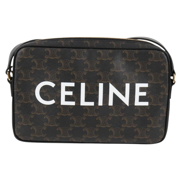 CELINE Triomphe Shoulder Bag PVC Leather Black Gold Auth nb463M