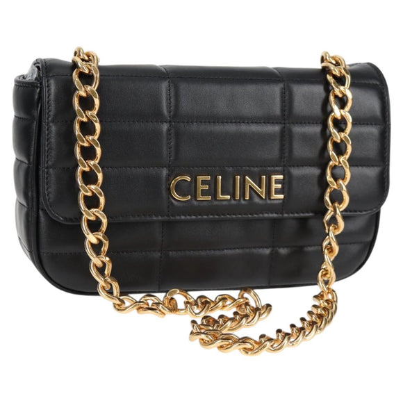 CELINE Chain Shoulder Bag Leather Black Gold Auth nb466M