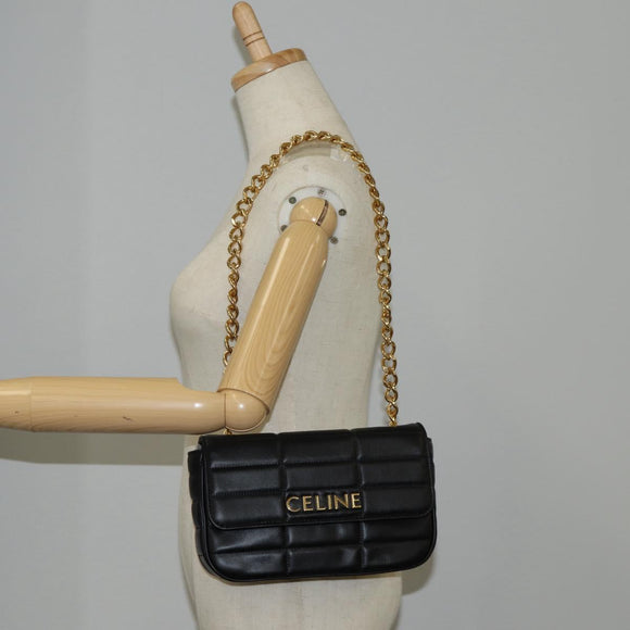 CELINE Chain Shoulder Bag Leather Black Gold Auth nb466M
