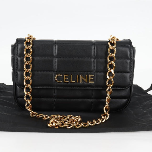 CELINE Chain Shoulder Bag Leather Black Gold Auth nb466M
